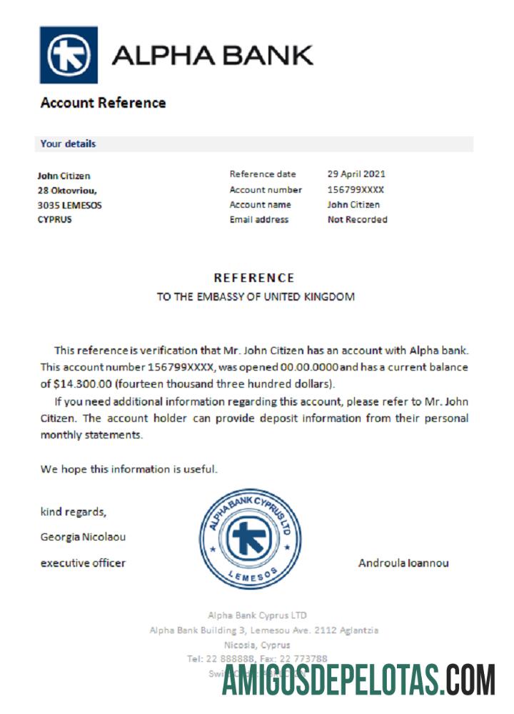 Referência do Chipre Alpha Bank exemplo real